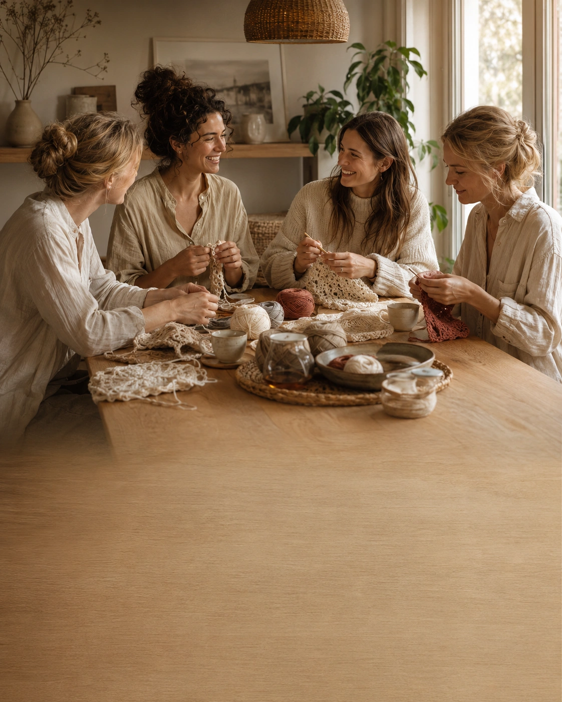 Friends crafting together around a warm table