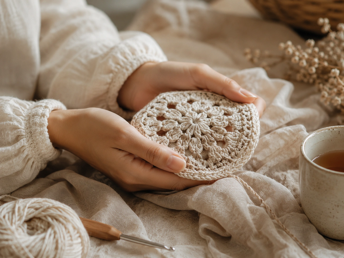 Hands holding finished crochet work in soft daylight