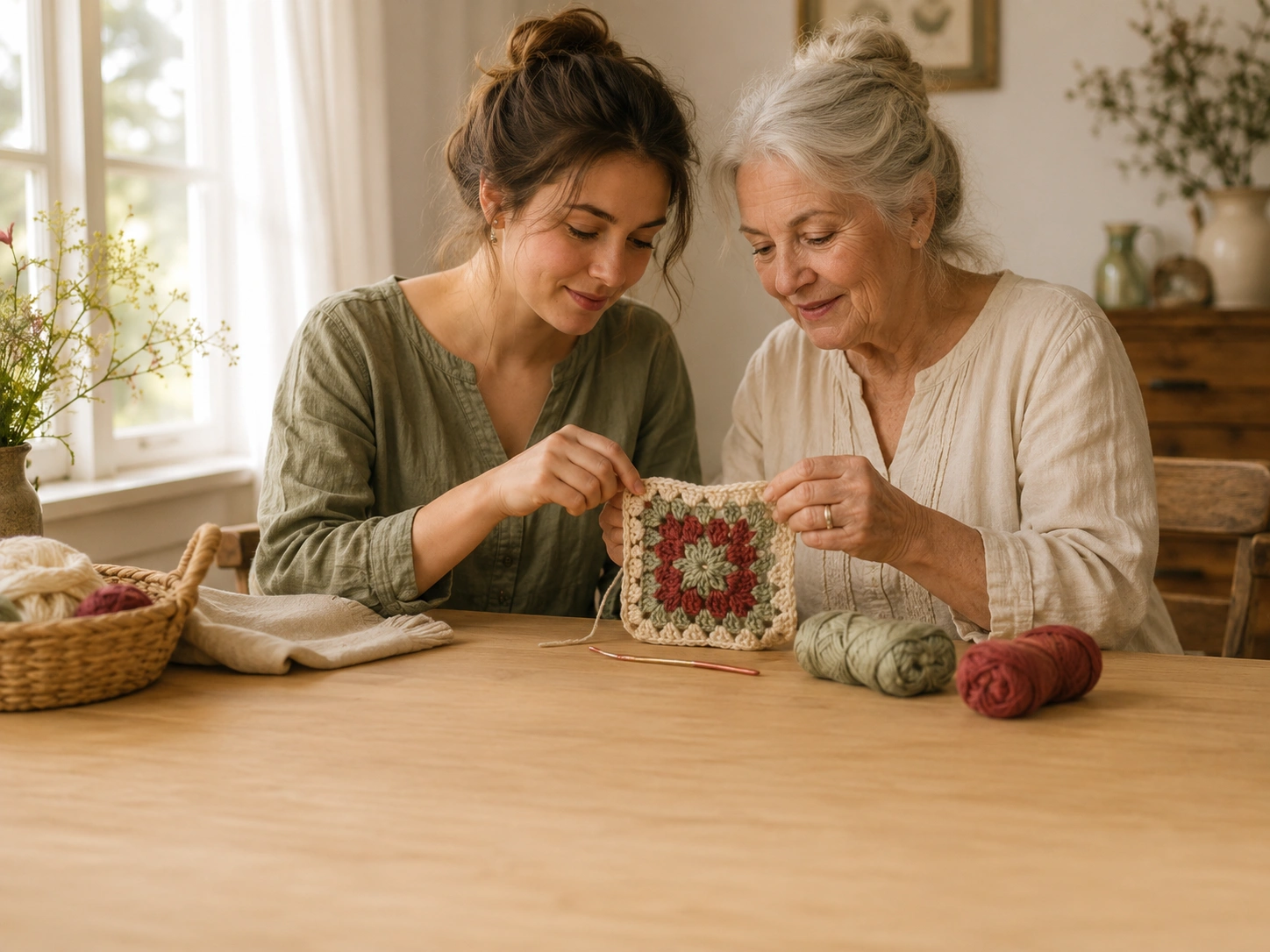 Mother and daughter crocheting together beside a sunlit window
