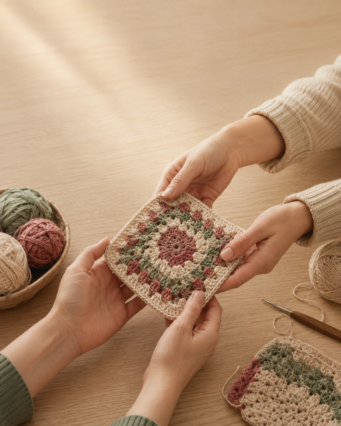 Warm hands holding a finished crochet piece on an oak table with soft daylight