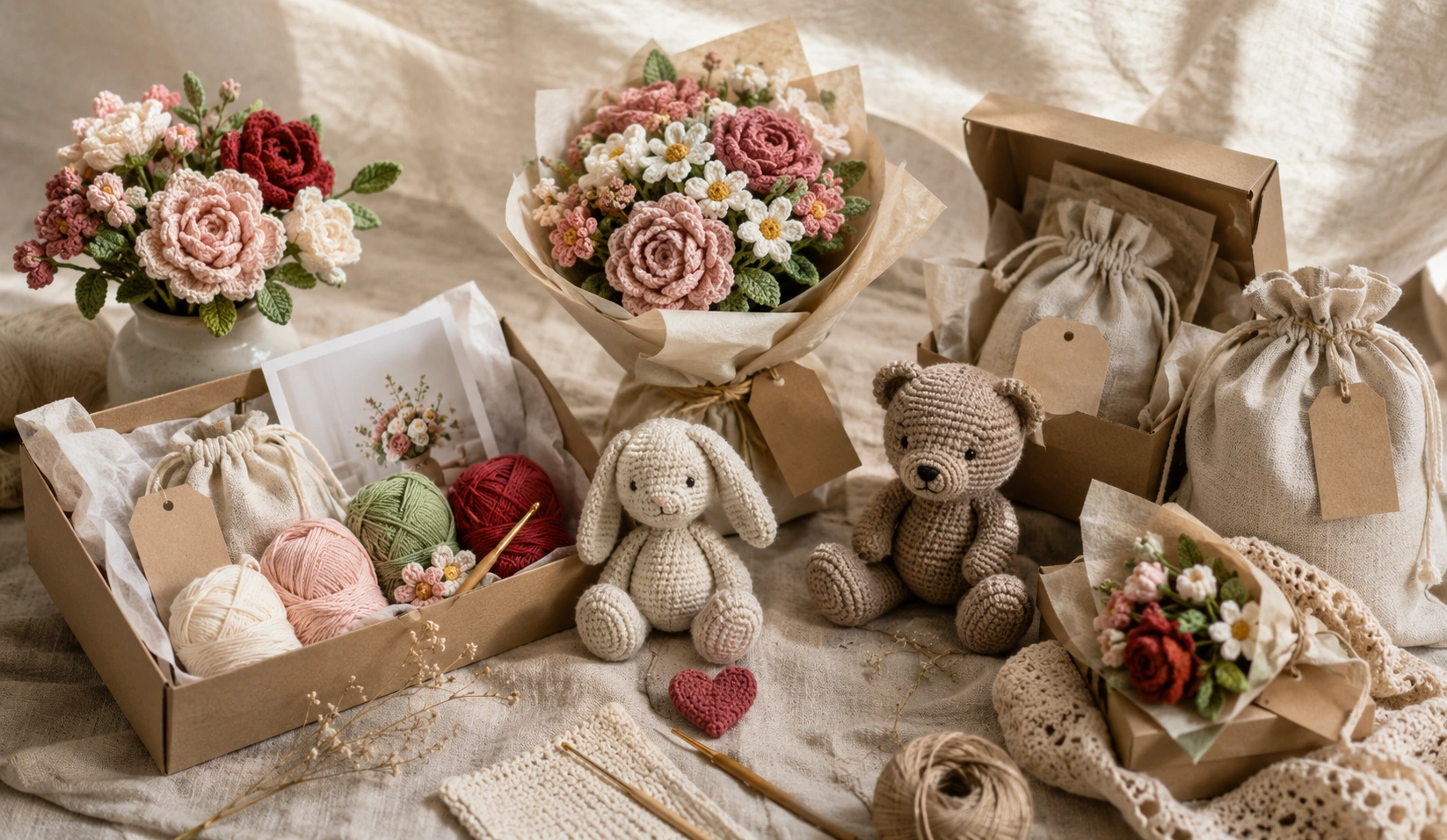 First handmade crochet flower and DIY kit collection on linen background