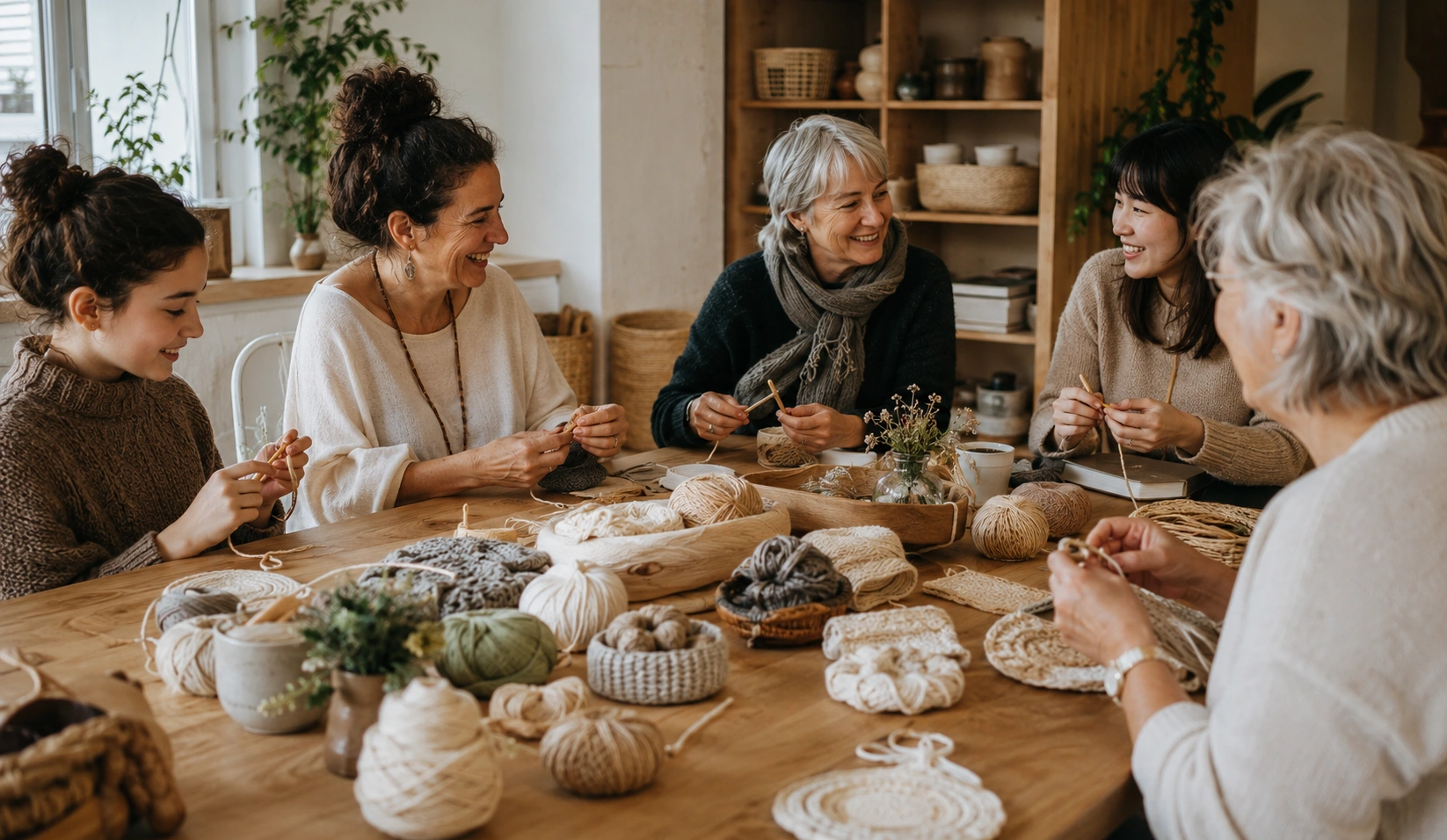 Warm workshop scene with people crocheting together around a table