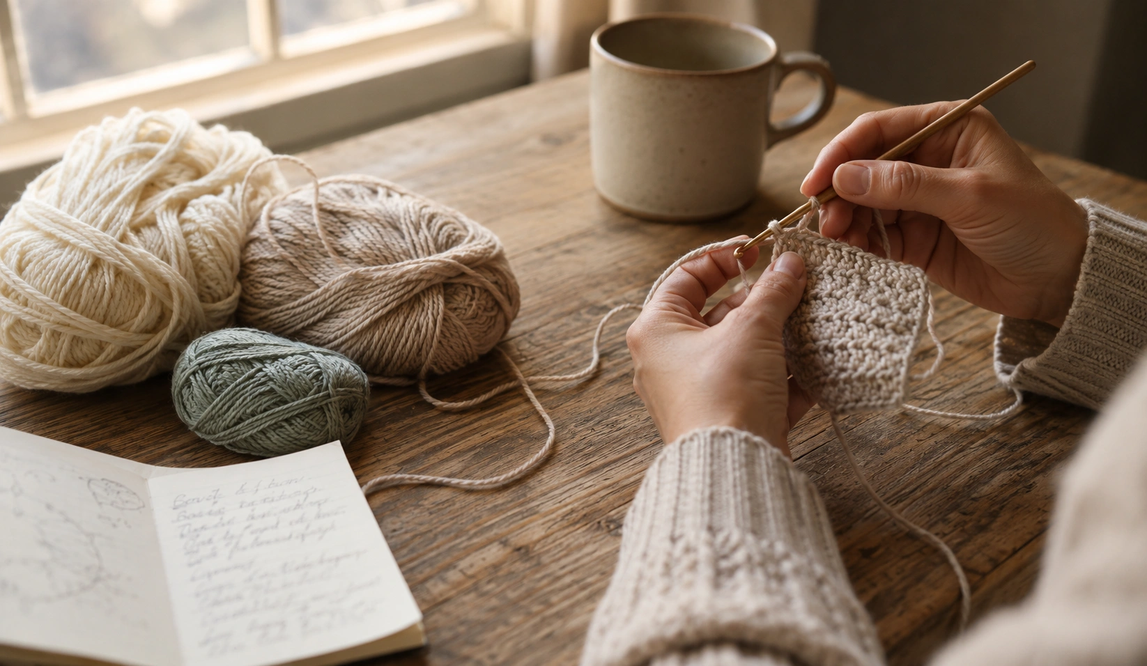 Hands crocheting at a wooden table in warm morning light