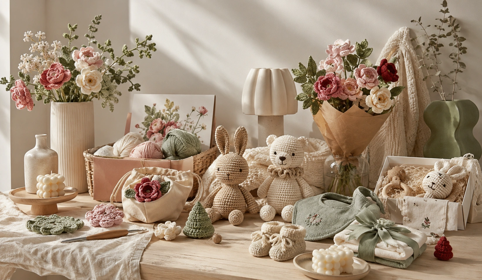 A beautifully arranged spread of DIY kits flowers plush dolls and home decor