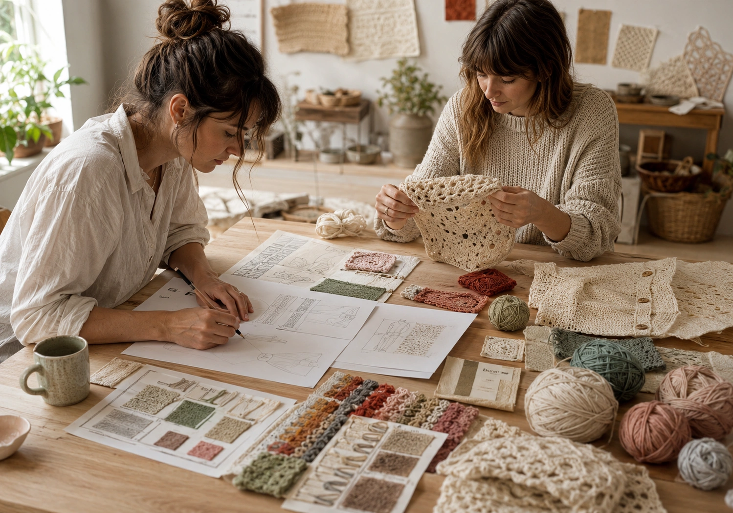Designer sketching crochet patterns with yarn swatches