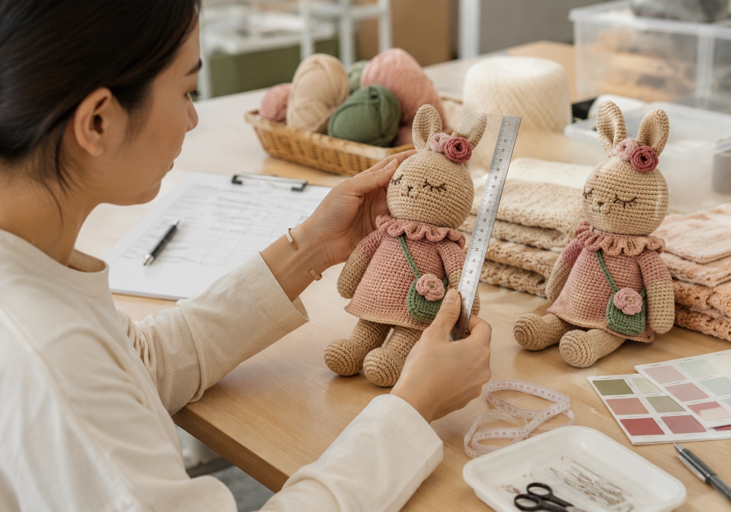 Quality team inspecting a finished handmade crochet product