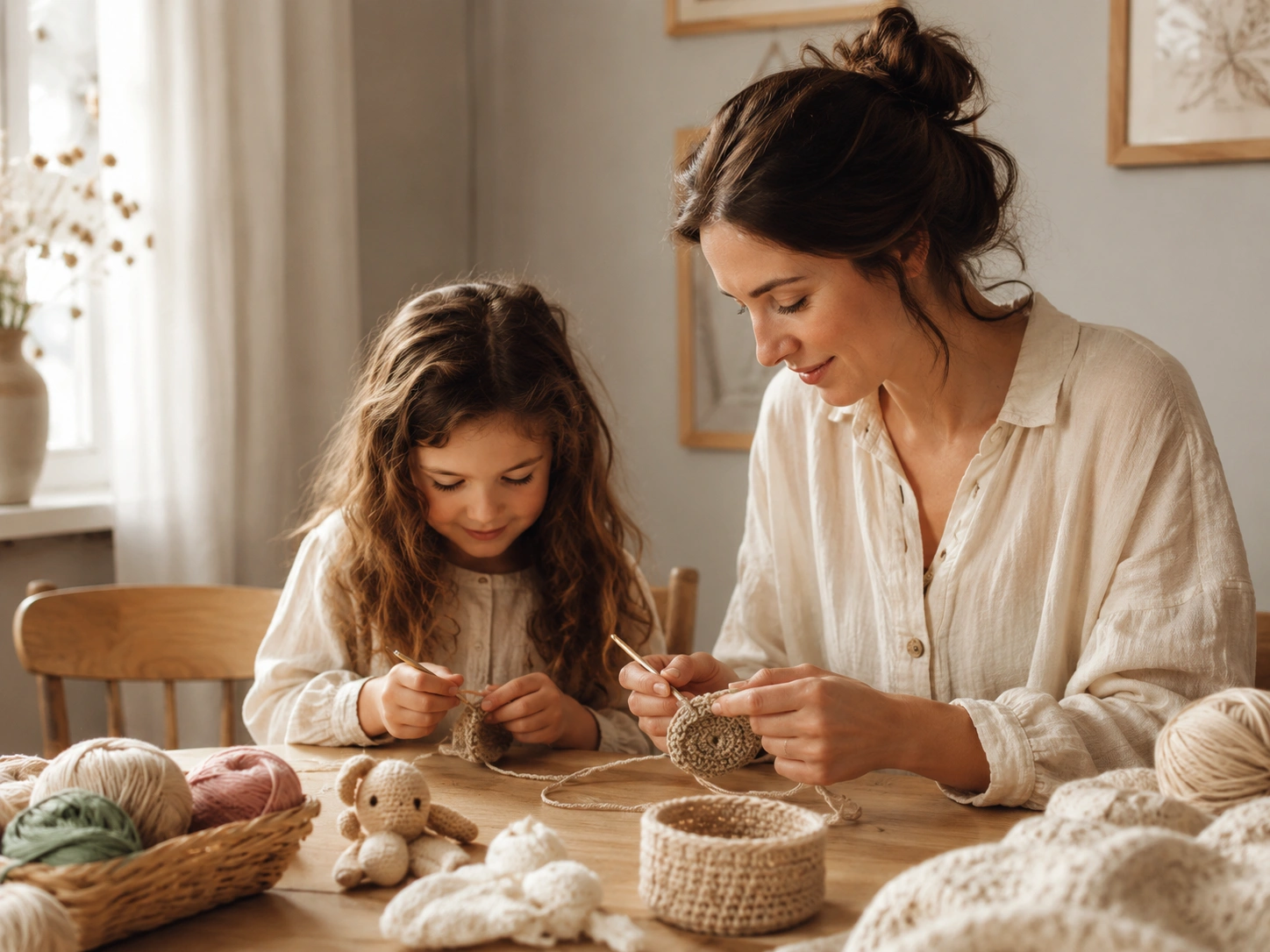 Family creating handmade crafts together at home