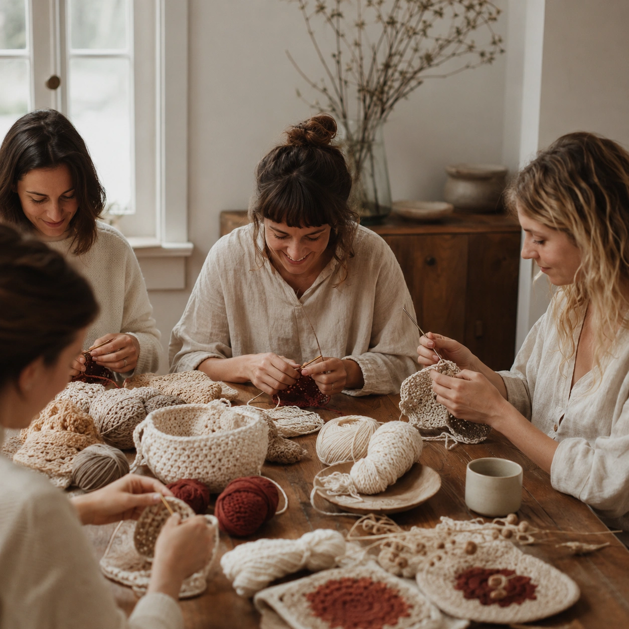 People creating together at a warm wooden table with handmade crochet crafts
