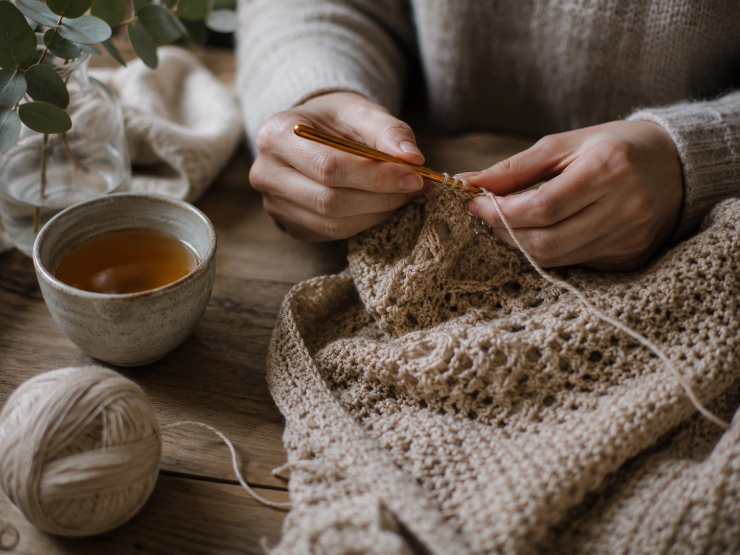 Hands working on a crochet project with natural yarn