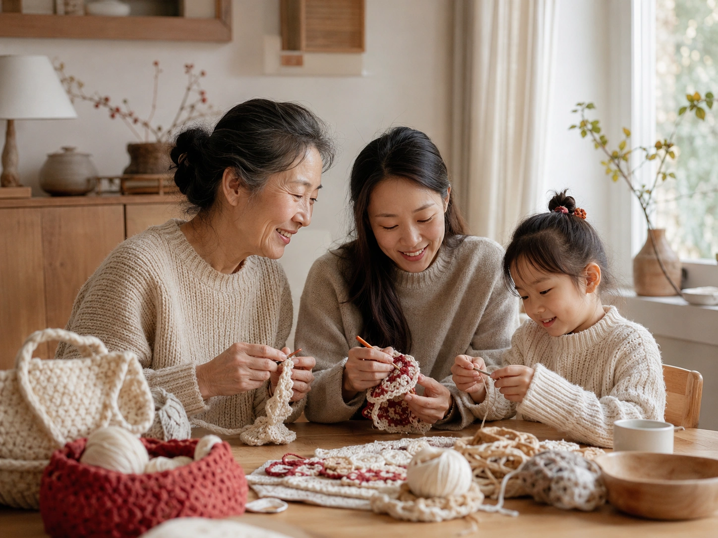 Family crafting together at home