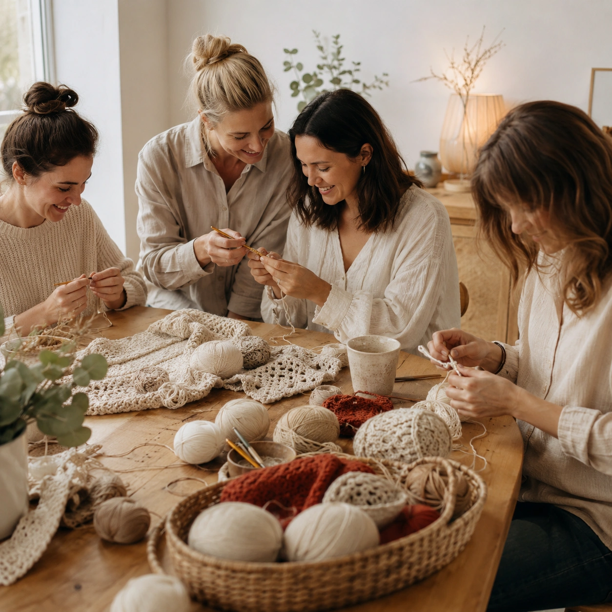 Workshop participants learning and creating crochet together