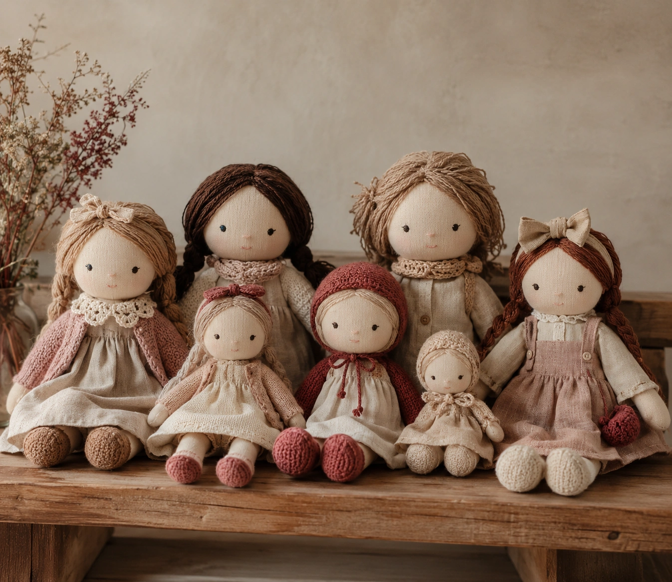 Classic handmade fabric dolls with natural linen clothing