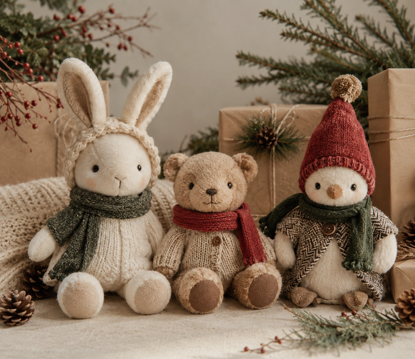 Festive handmade plush companions with holiday decorations