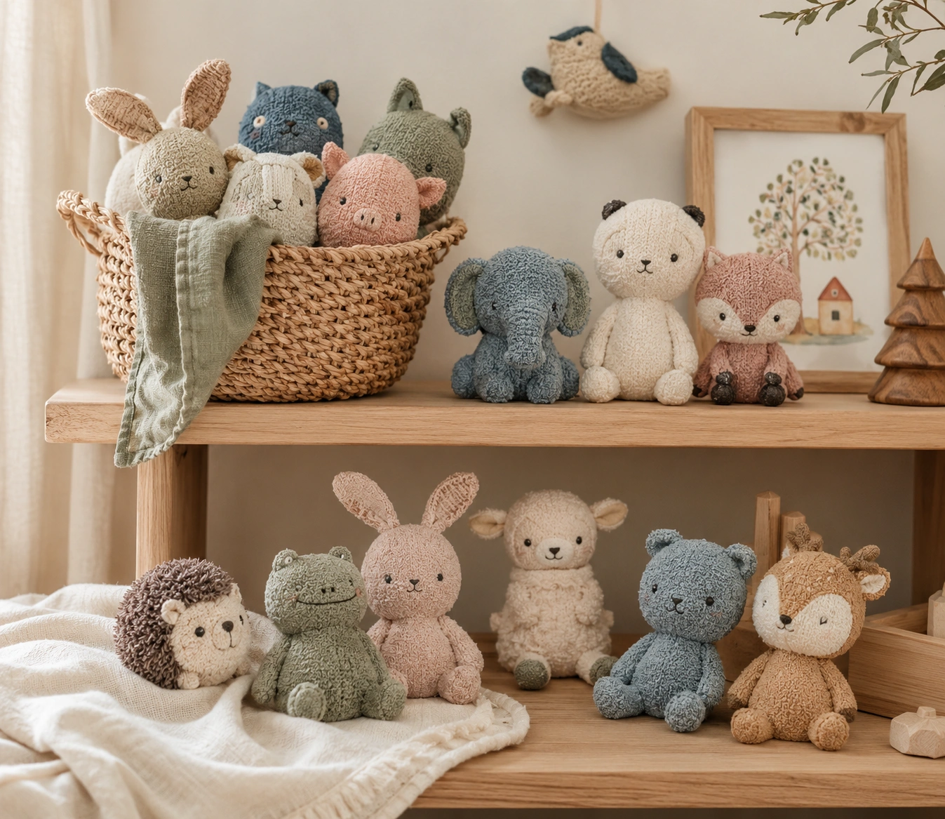 Tiny handmade plush companions in a woven basket