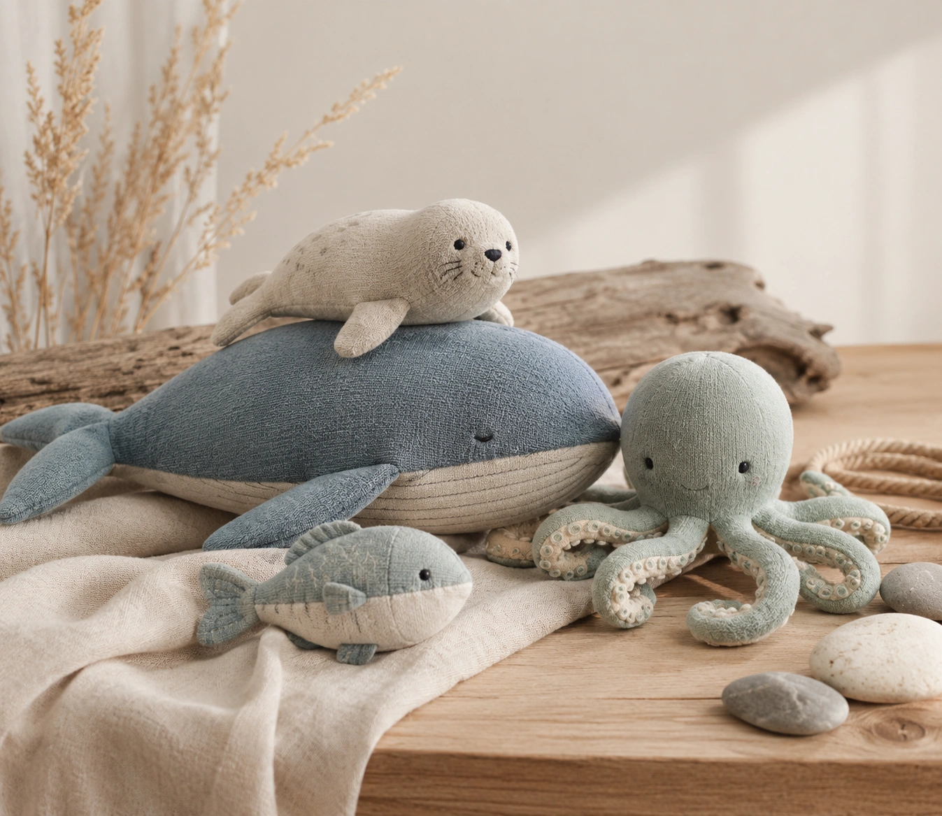 Ocean-themed plush companions in soft blues