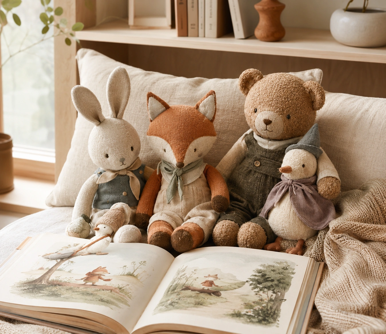 Storybook character plush companions beside an illustrated book