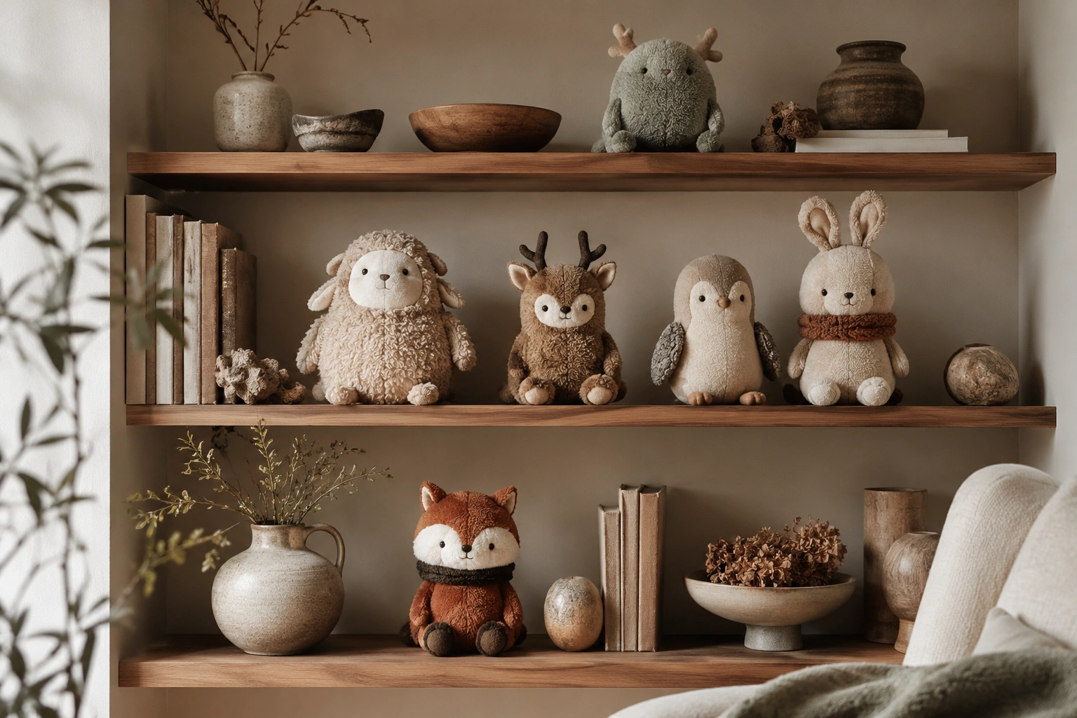 A curated shelf display of handmade plush companions in a warm home setting