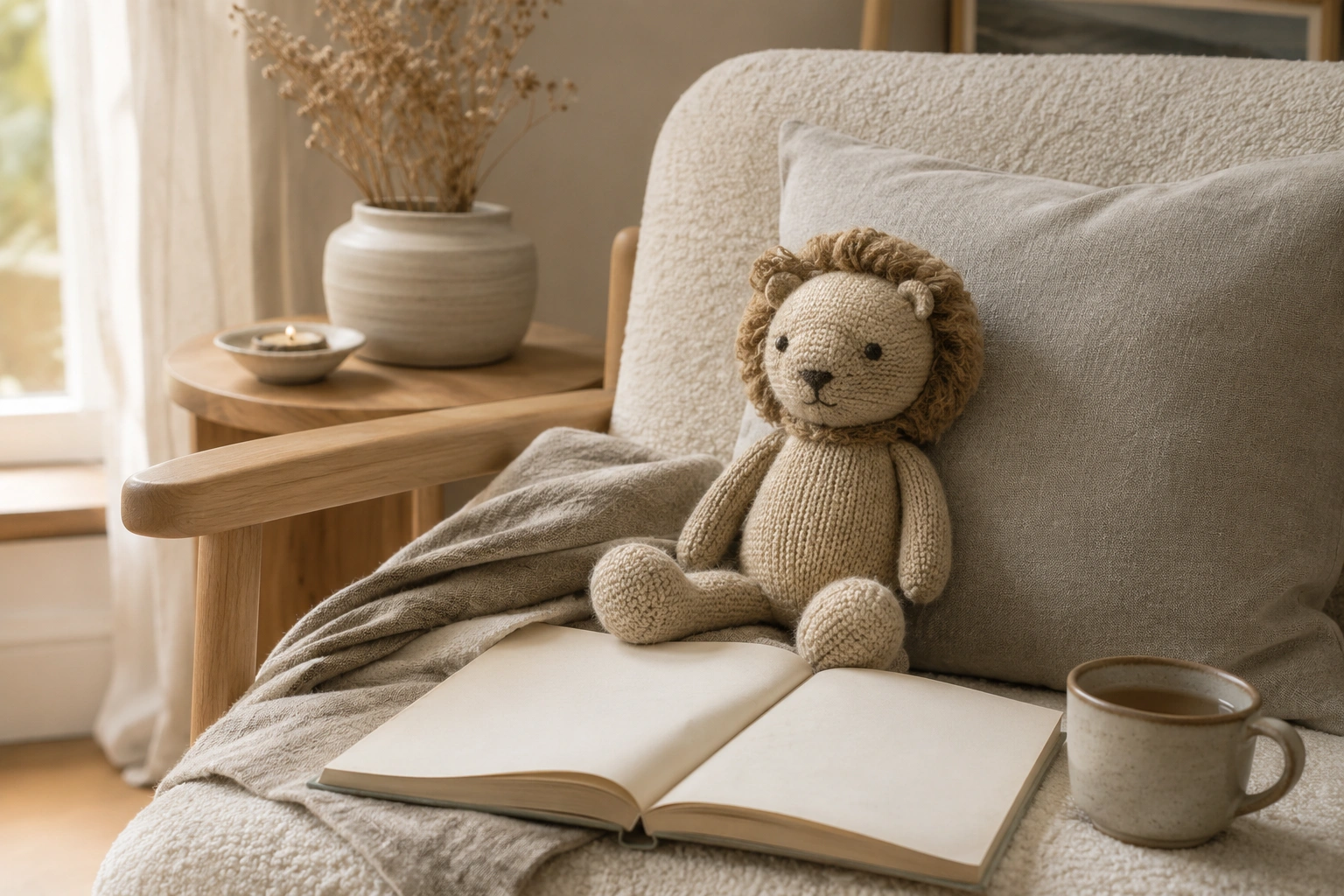 A handmade plush companion resting on a reading chair beside a cup of tea