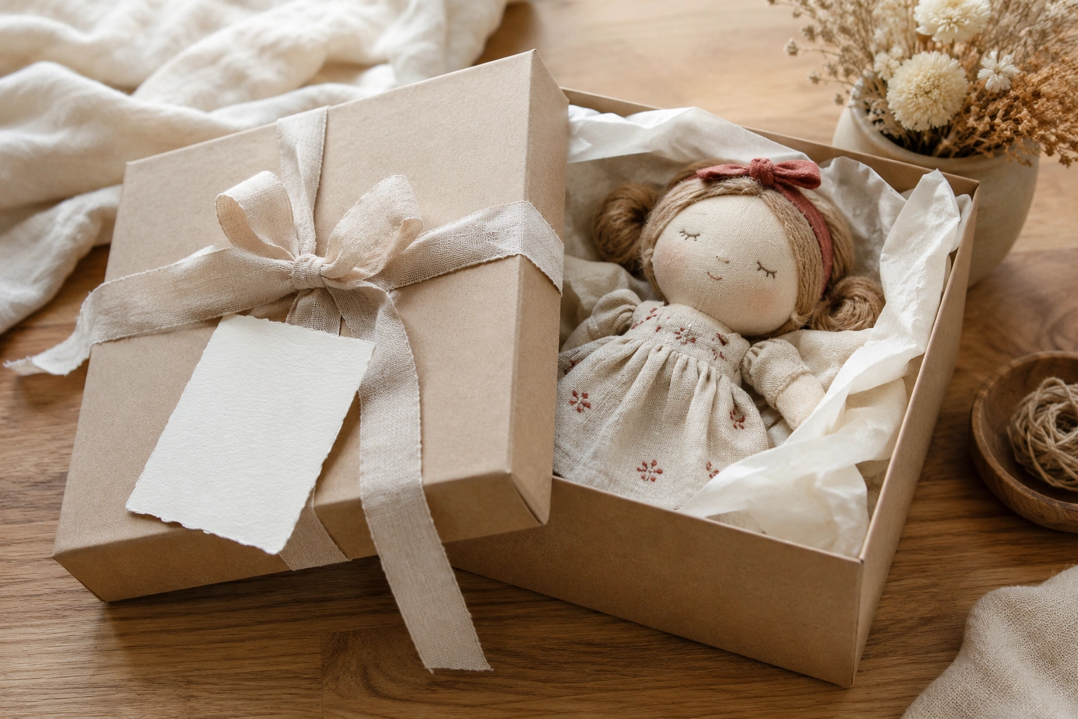 A beautifully packaged handmade plush doll ready to be gifted