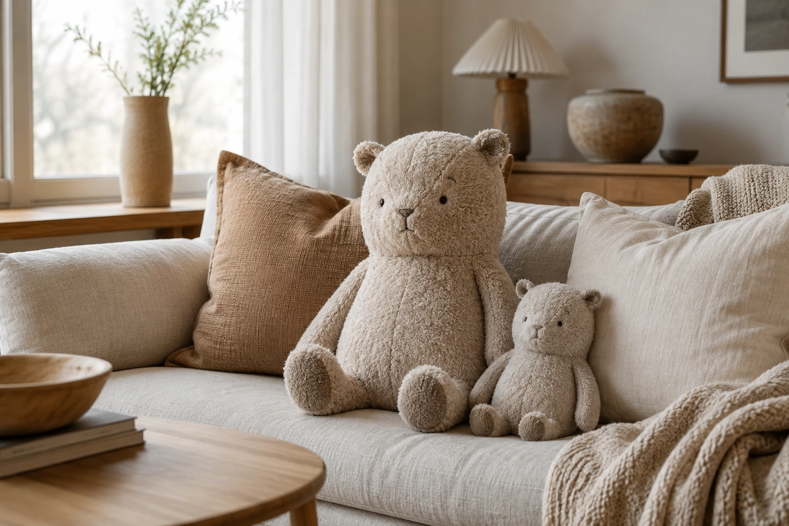 Handmade plush companions styled on a linen sofa in a Scandinavian living room