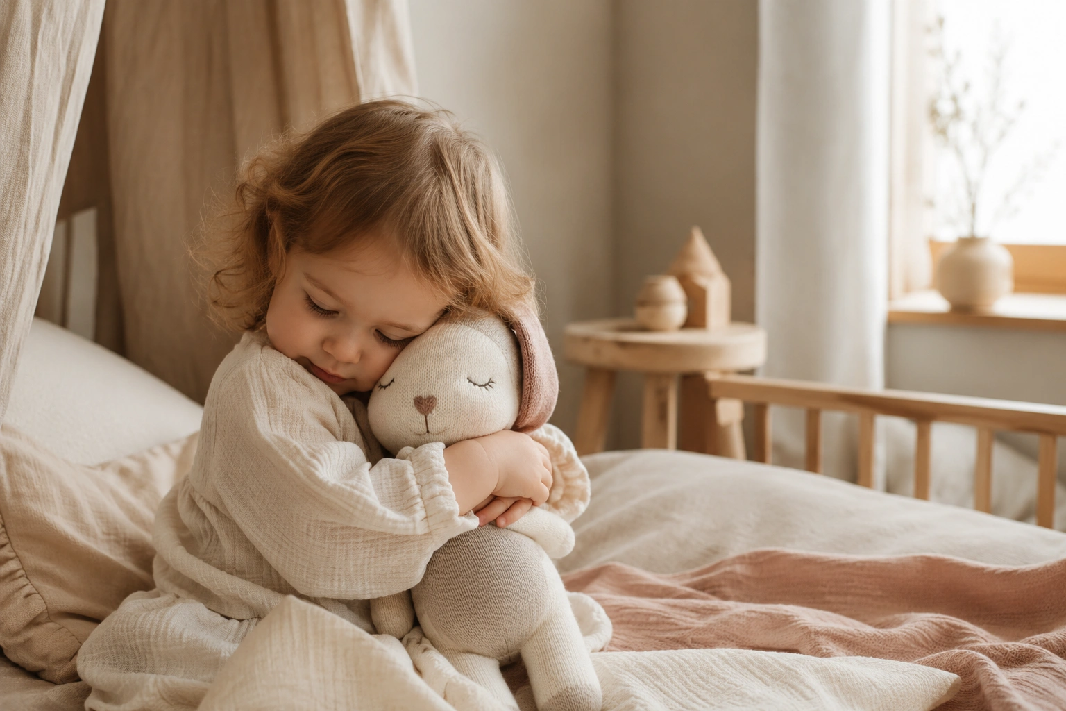 A toddler hugging a soft handmade plush toy in a cosy nursery