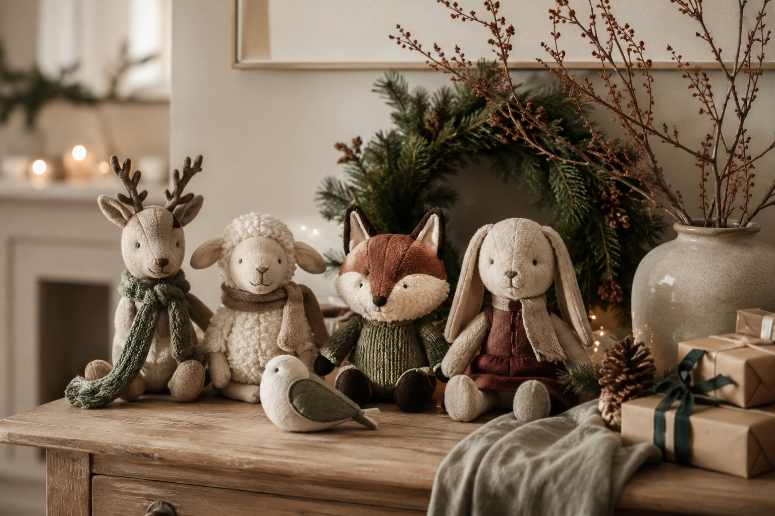 Seasonal handmade plush companions arranged beside holiday decorations