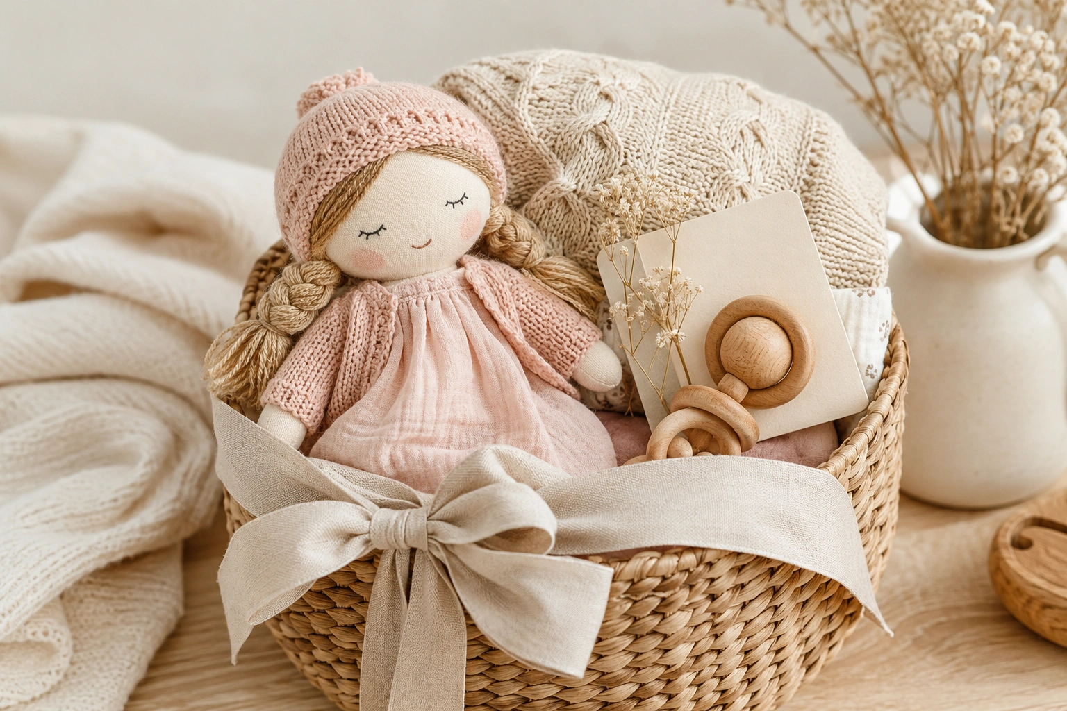 A handmade plush doll in a baby shower gift basket