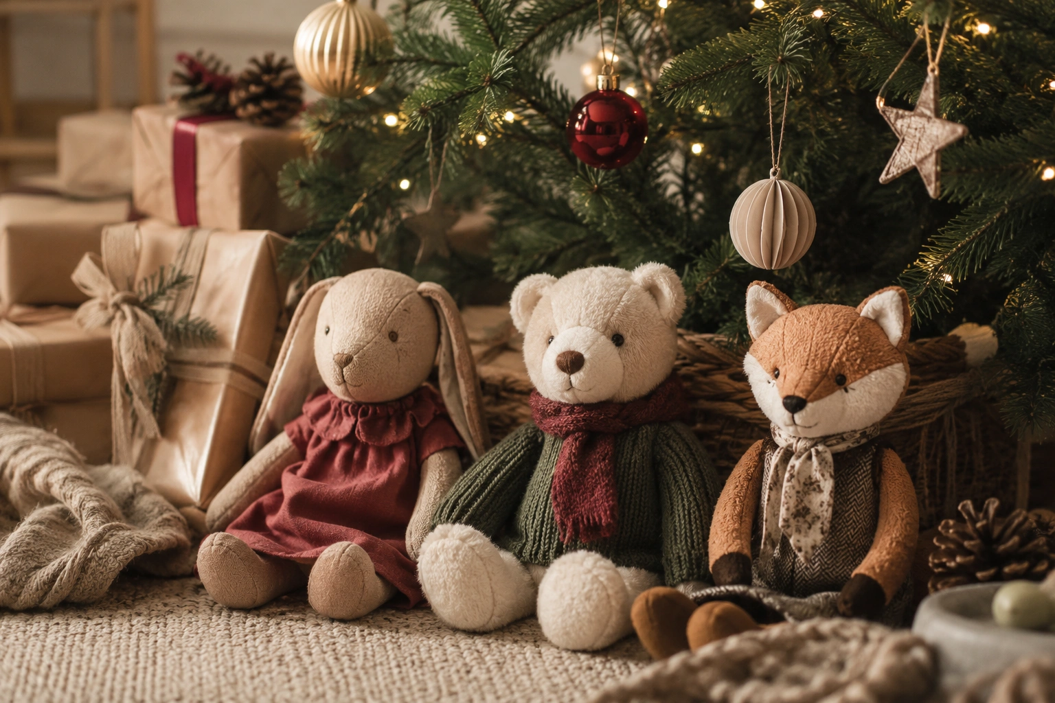 Handmade plush companions beside a Christmas tree