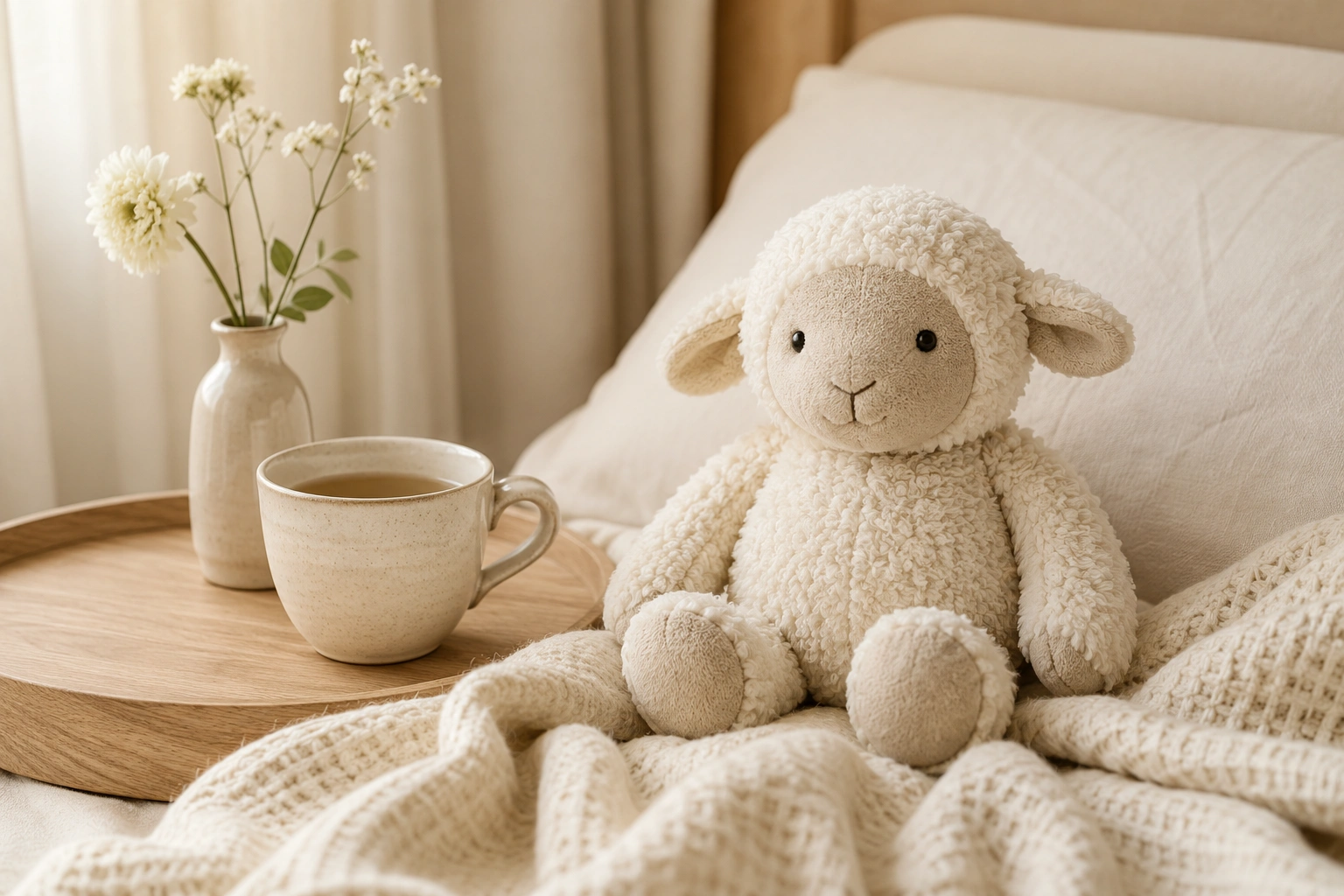 A cosy handmade plush companion on a bedside table