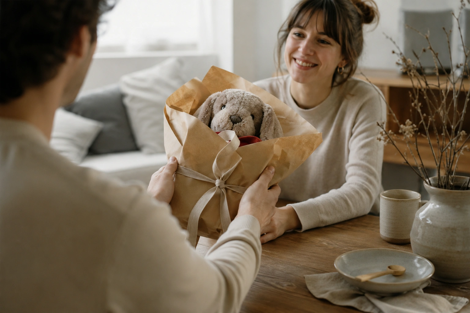 A handmade plush companion wrapped as a spontaneous gift