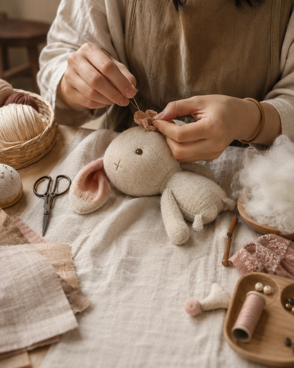 Close-up of hands crafting a handmade plush companion with soft premium yarn