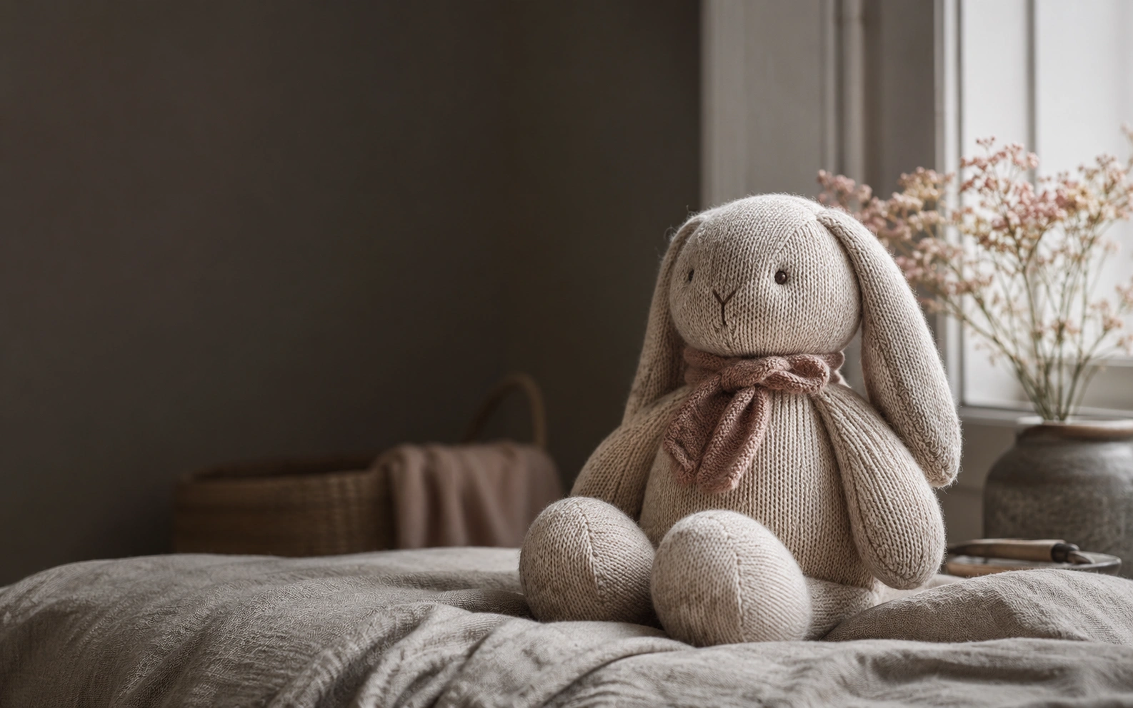 A handmade plush companion resting on a linen blanket in warm natural light
