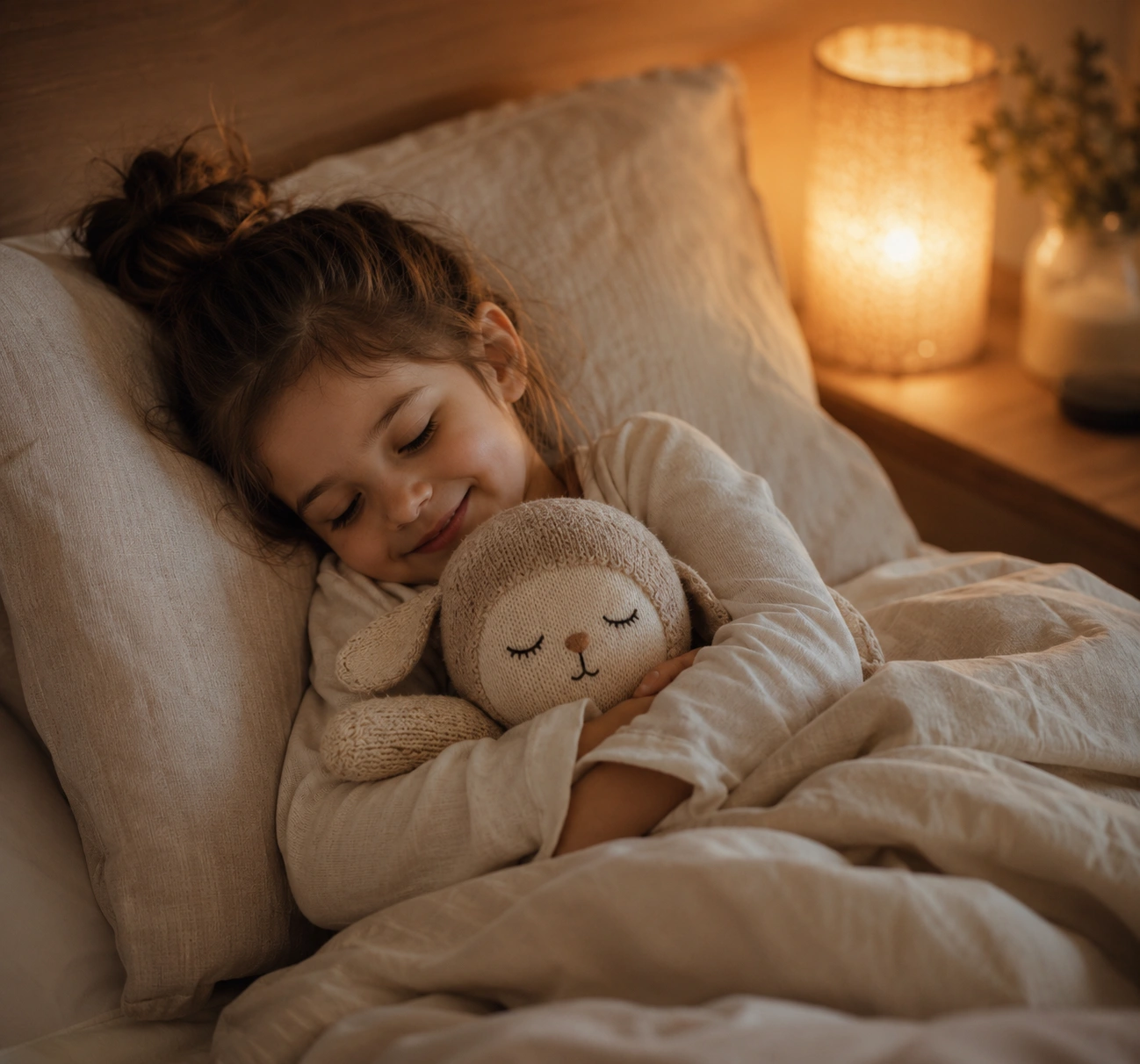 A child holding a plush companion at bedtime
