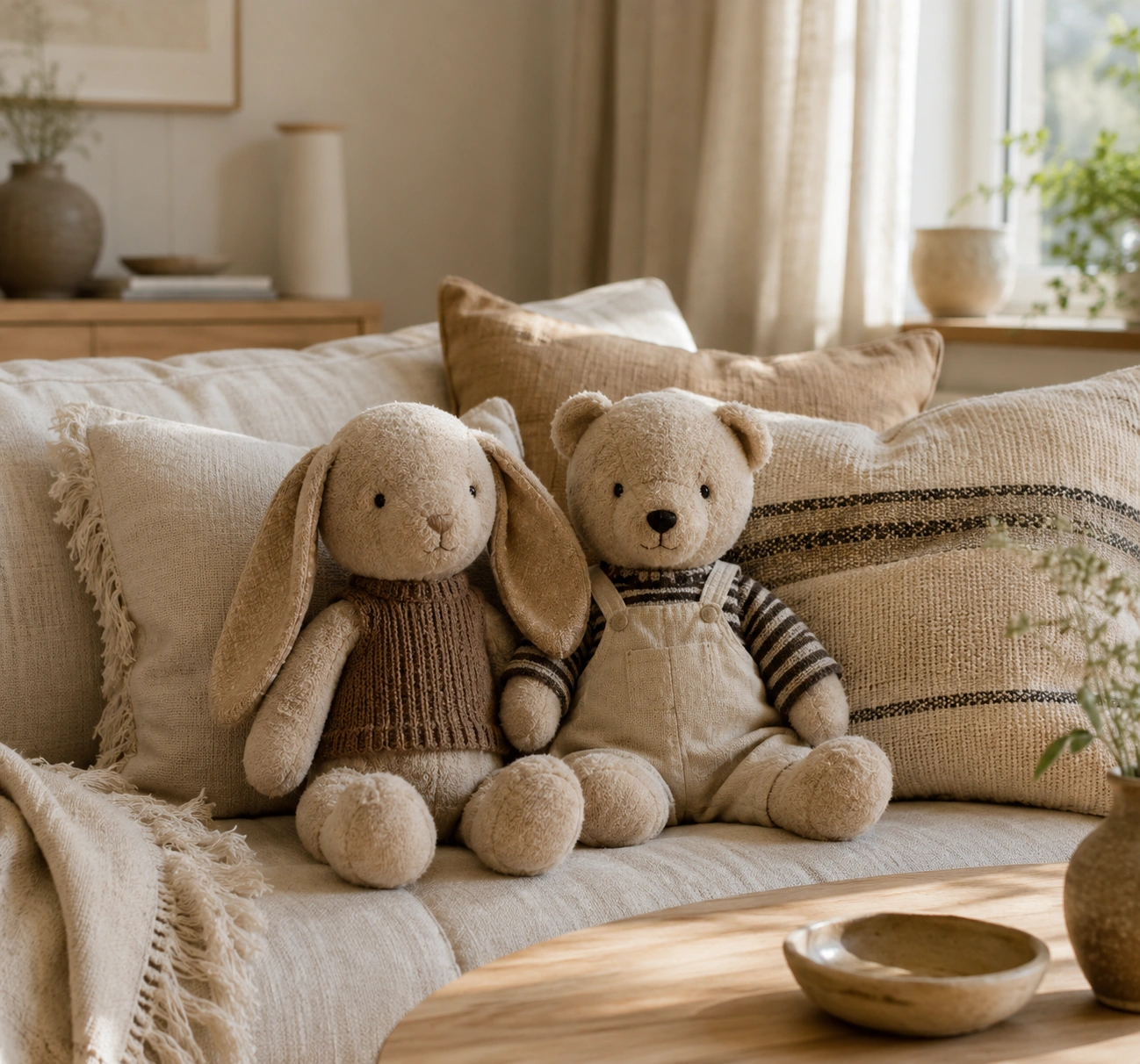 Handmade plush companions displayed on a linen sofa