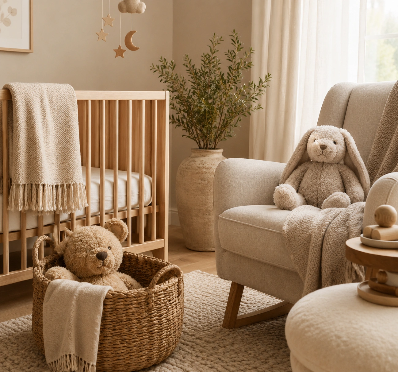 Handmade plush companions in a styled nursery