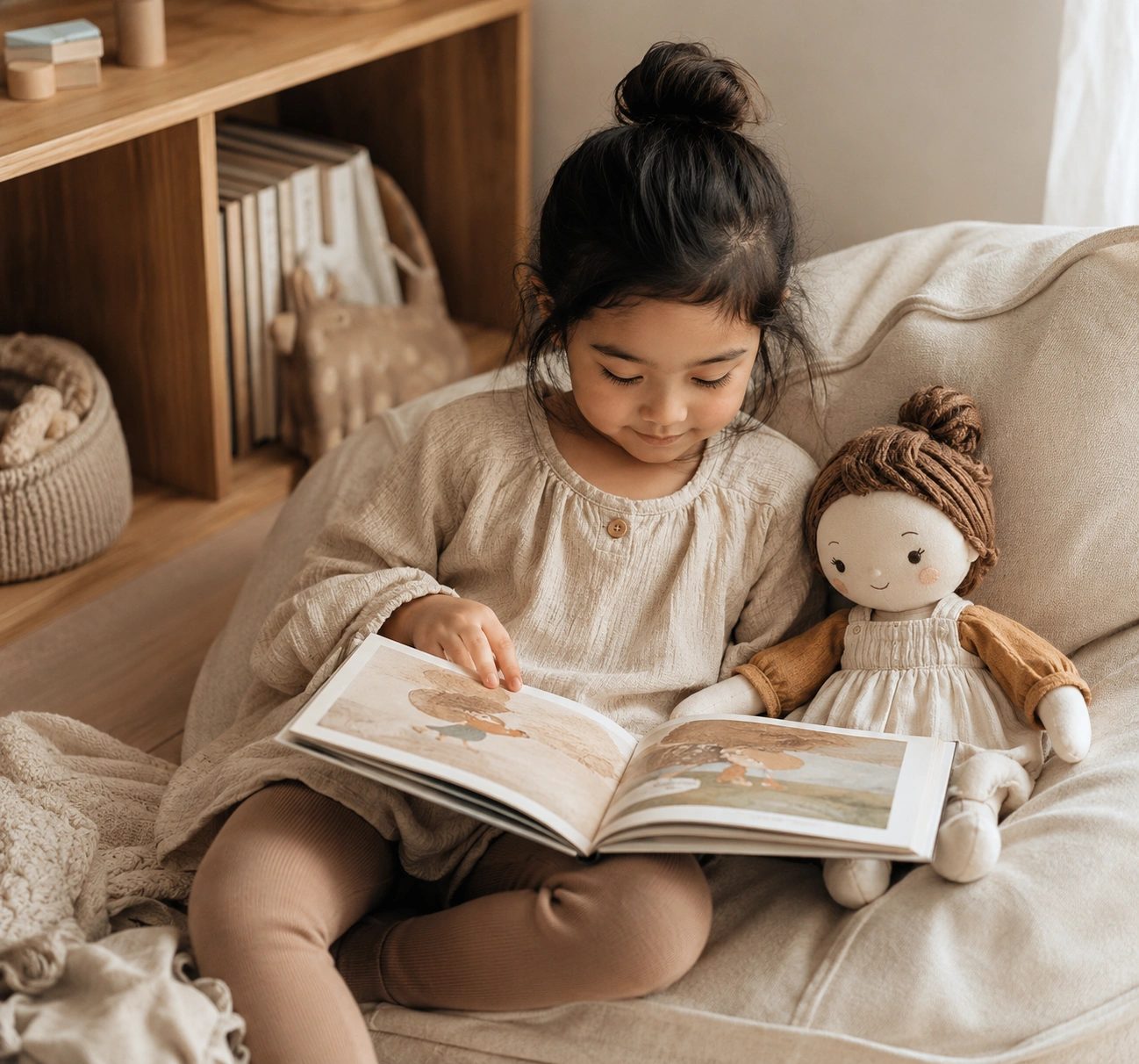 A child reading with a handmade plush doll