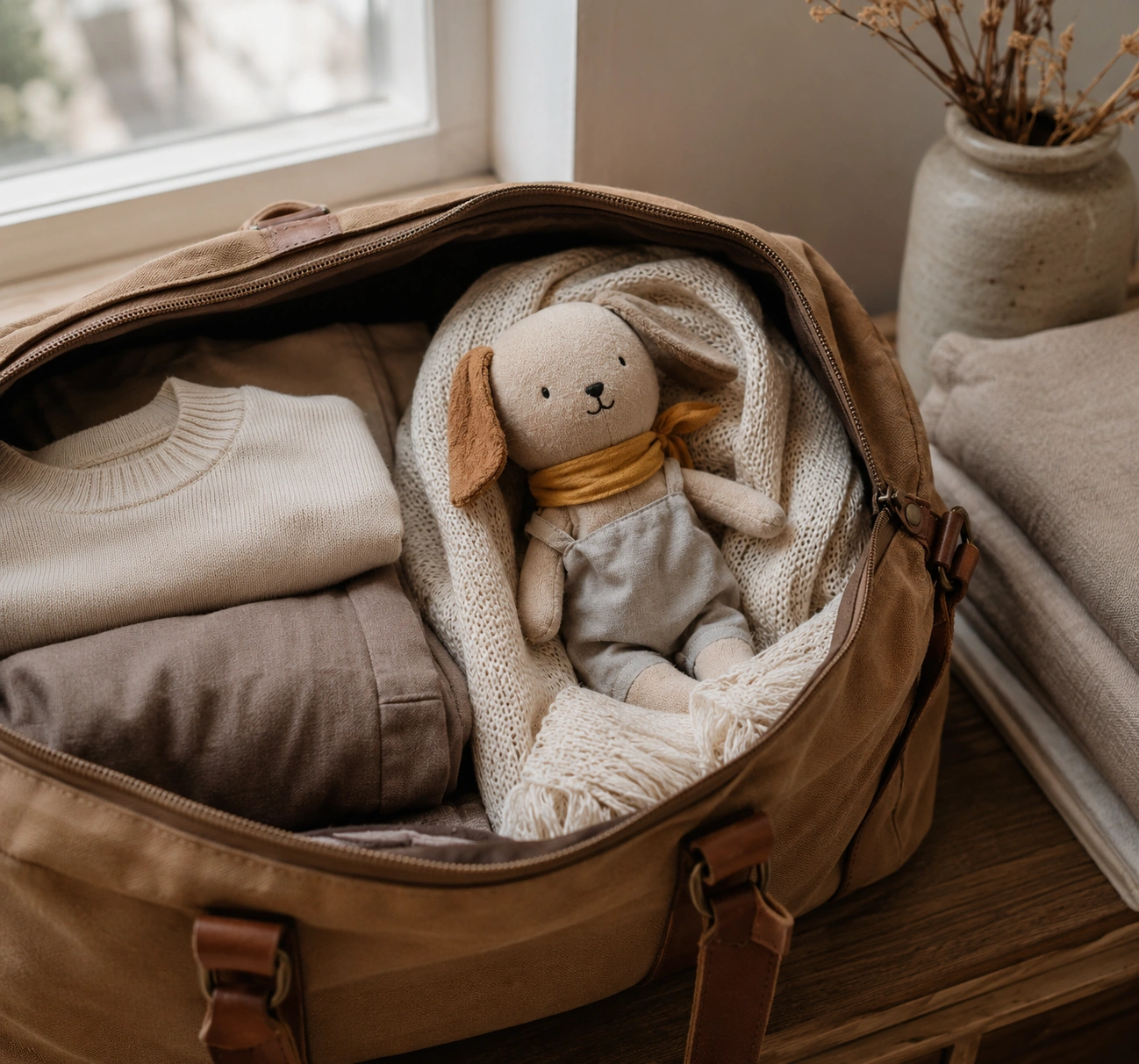 A handmade plush companion tucked into a travel bag
