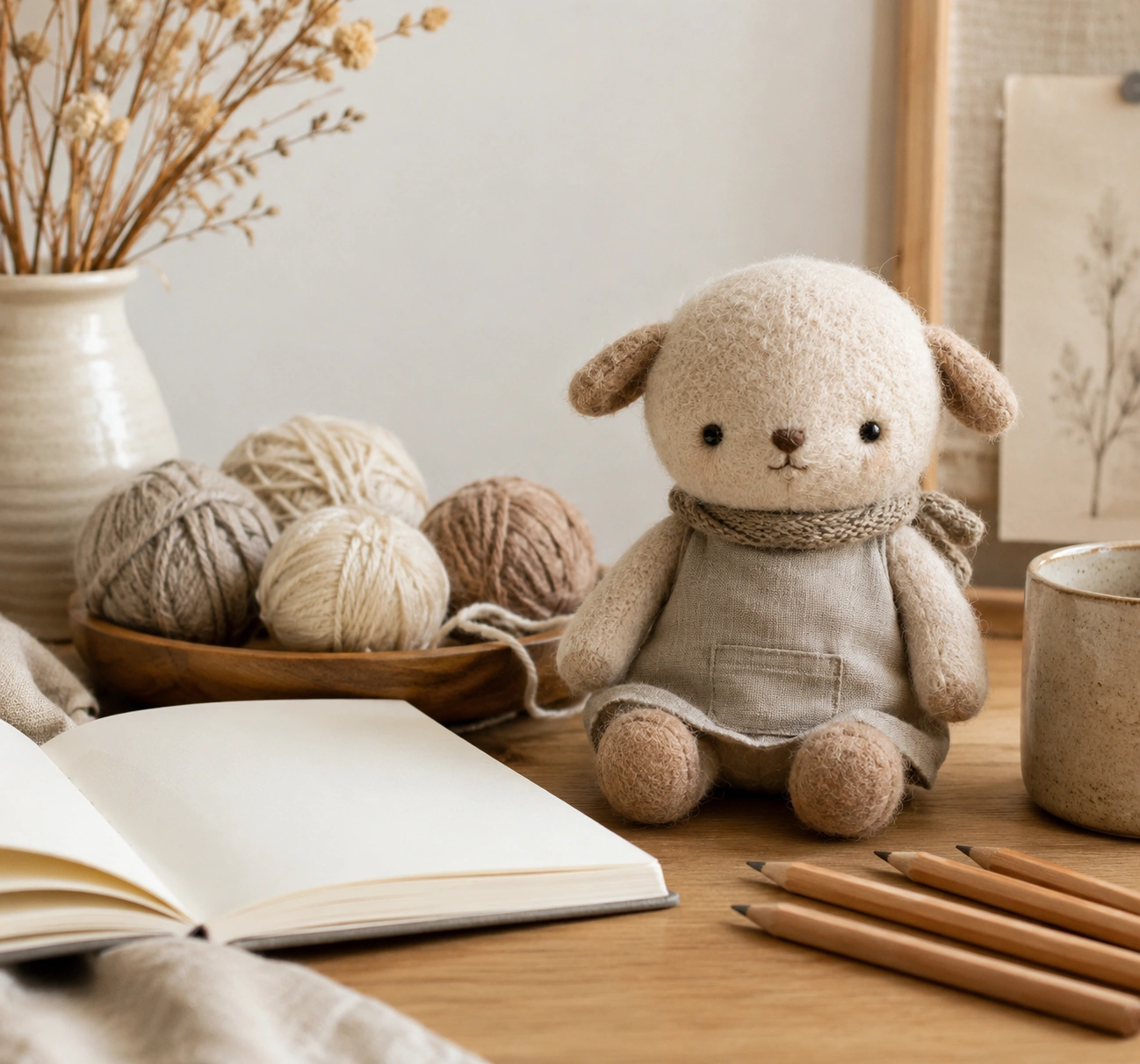 A small handmade plush companion on a creative workspace desk