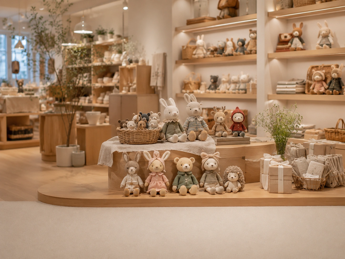 Handmade plush companions displayed in a lifestyle retail store