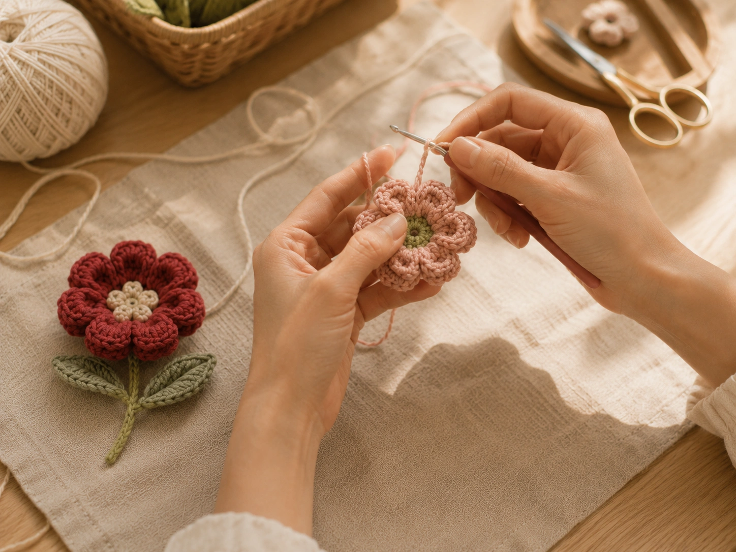 Hands creating a crochet flower with soft natural light and editorial styling