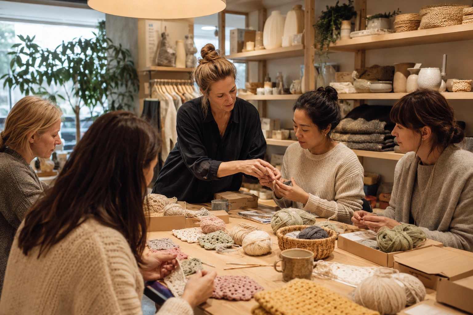 Customers joining a crochet DIY workshop in a retail store