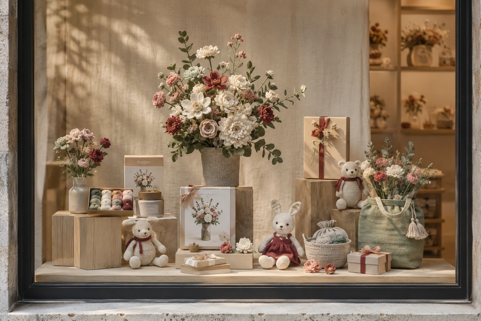 Storytelling window display with handmade products