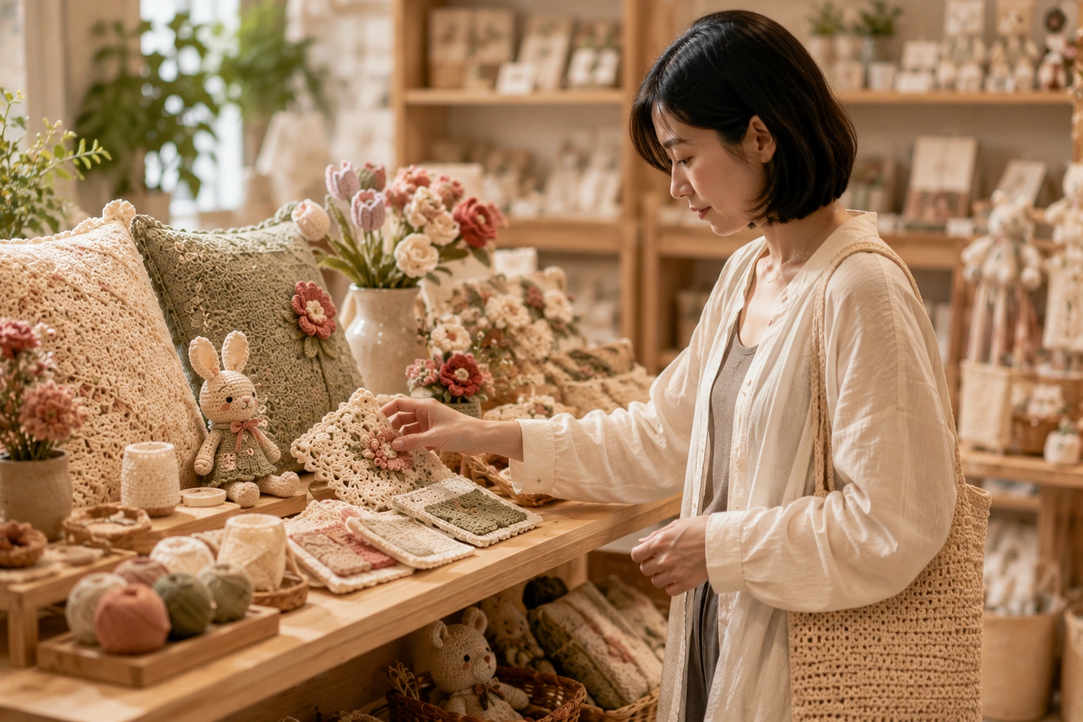 Customer touching handmade crochet samples in store