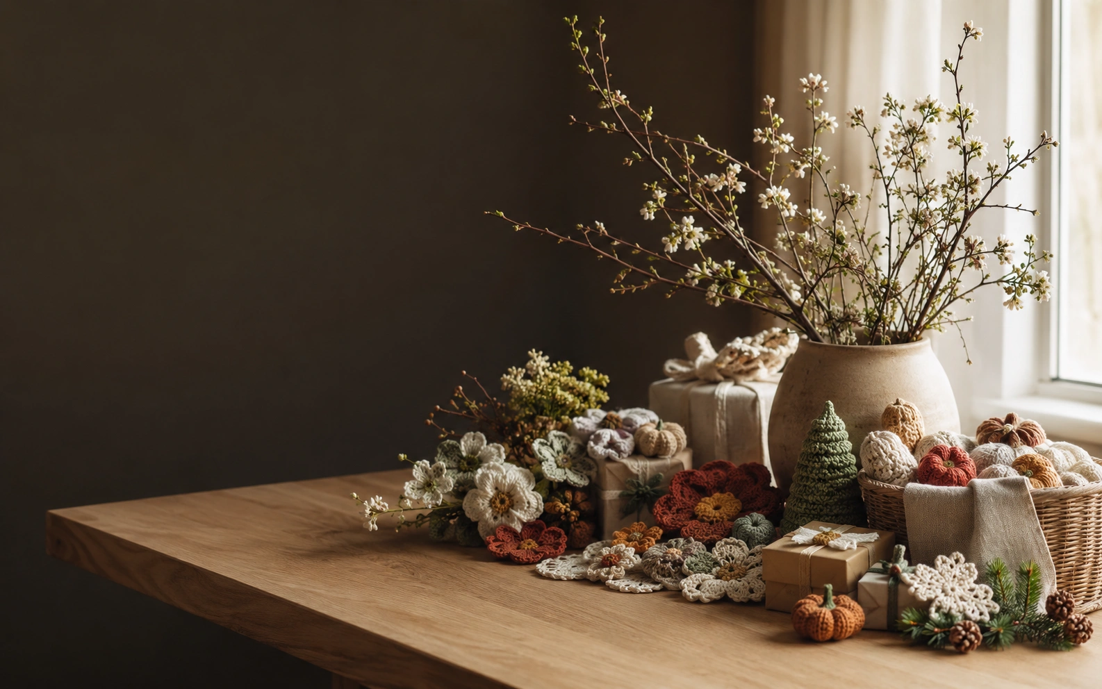 Handmade seasonal decorations on a warm oak table