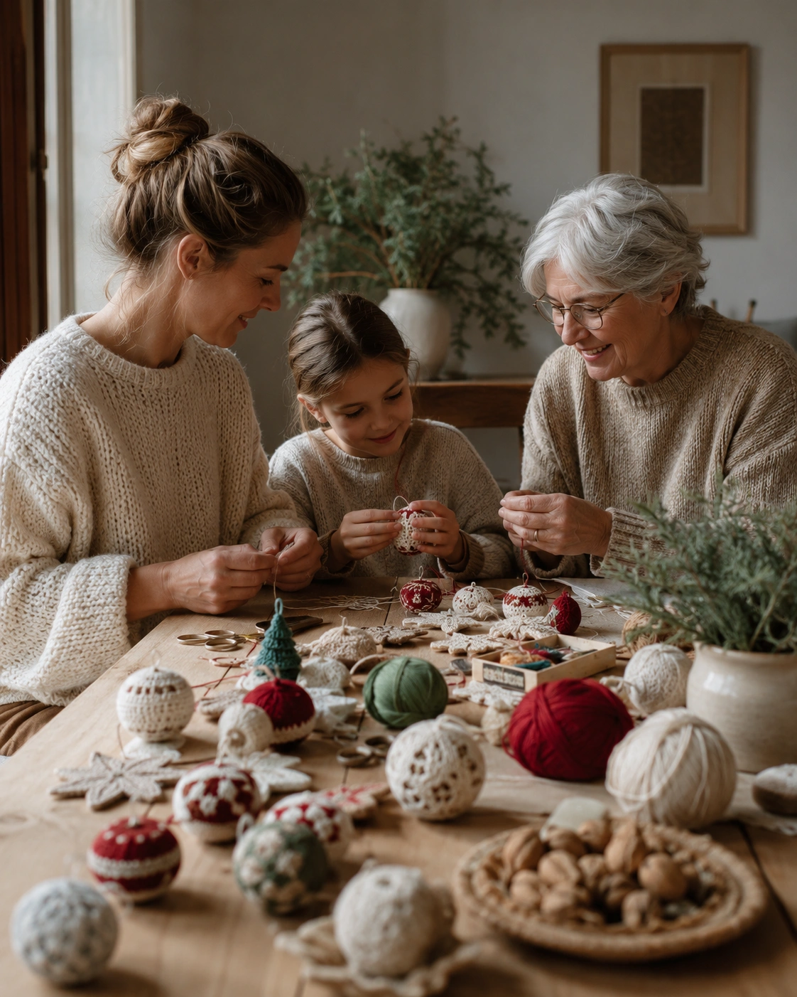 Family making seasonal handmade decorations together