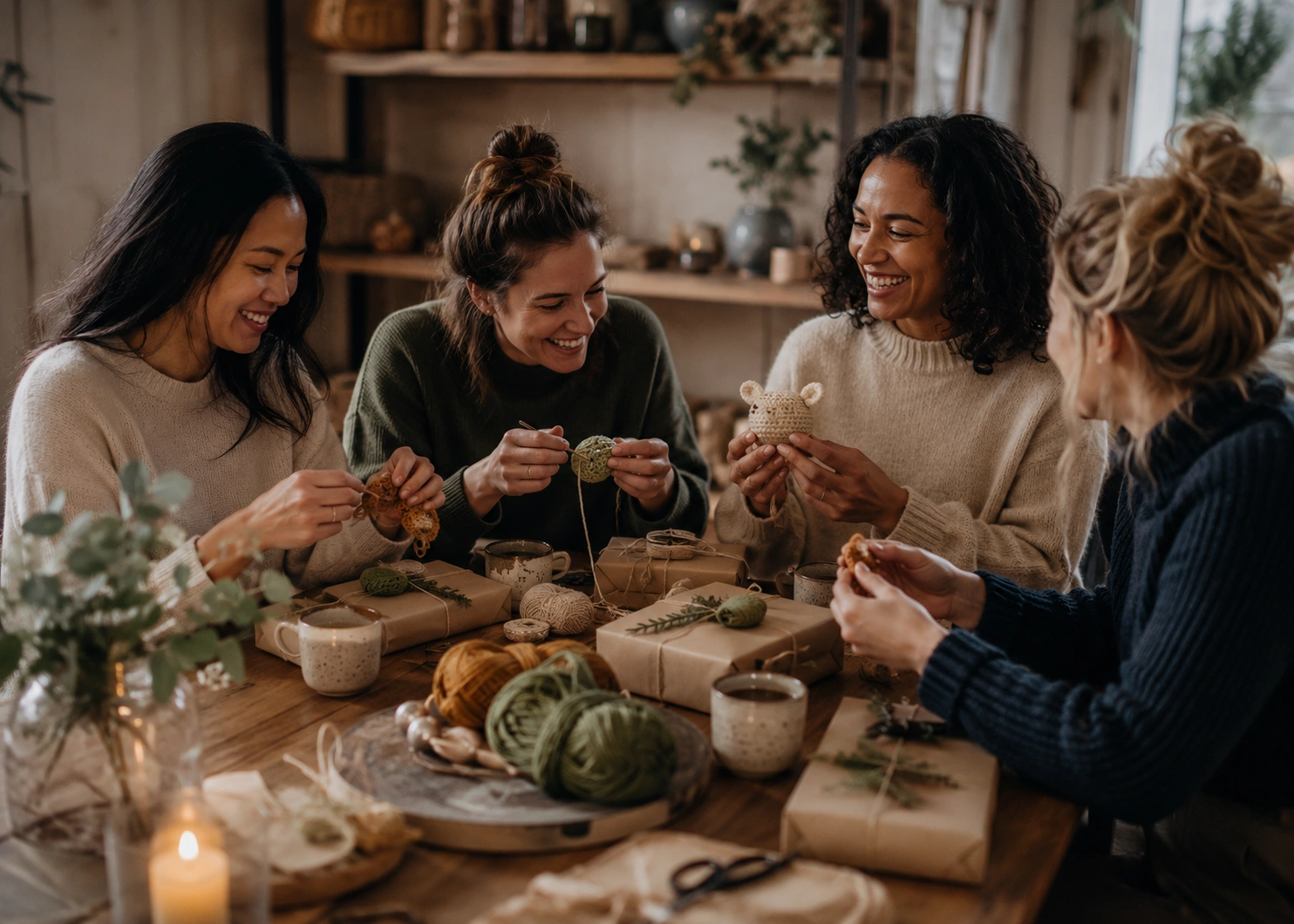 Friends crafting seasonal handmade gifts