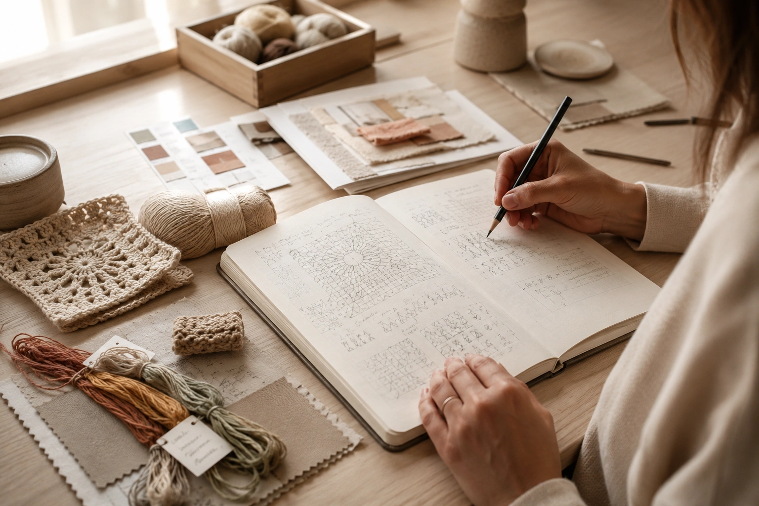 A designer sketching crochet patterns by hand