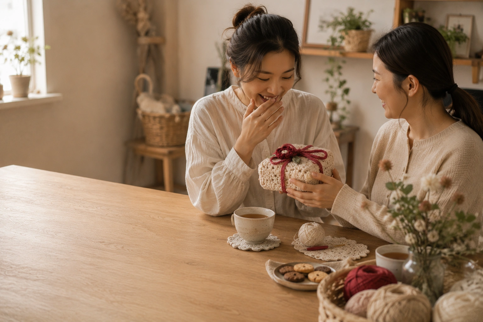 Two friends sharing a handmade crochet gift