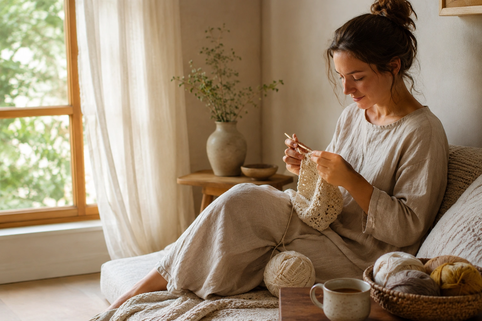 A person finding calm through handmade crochet