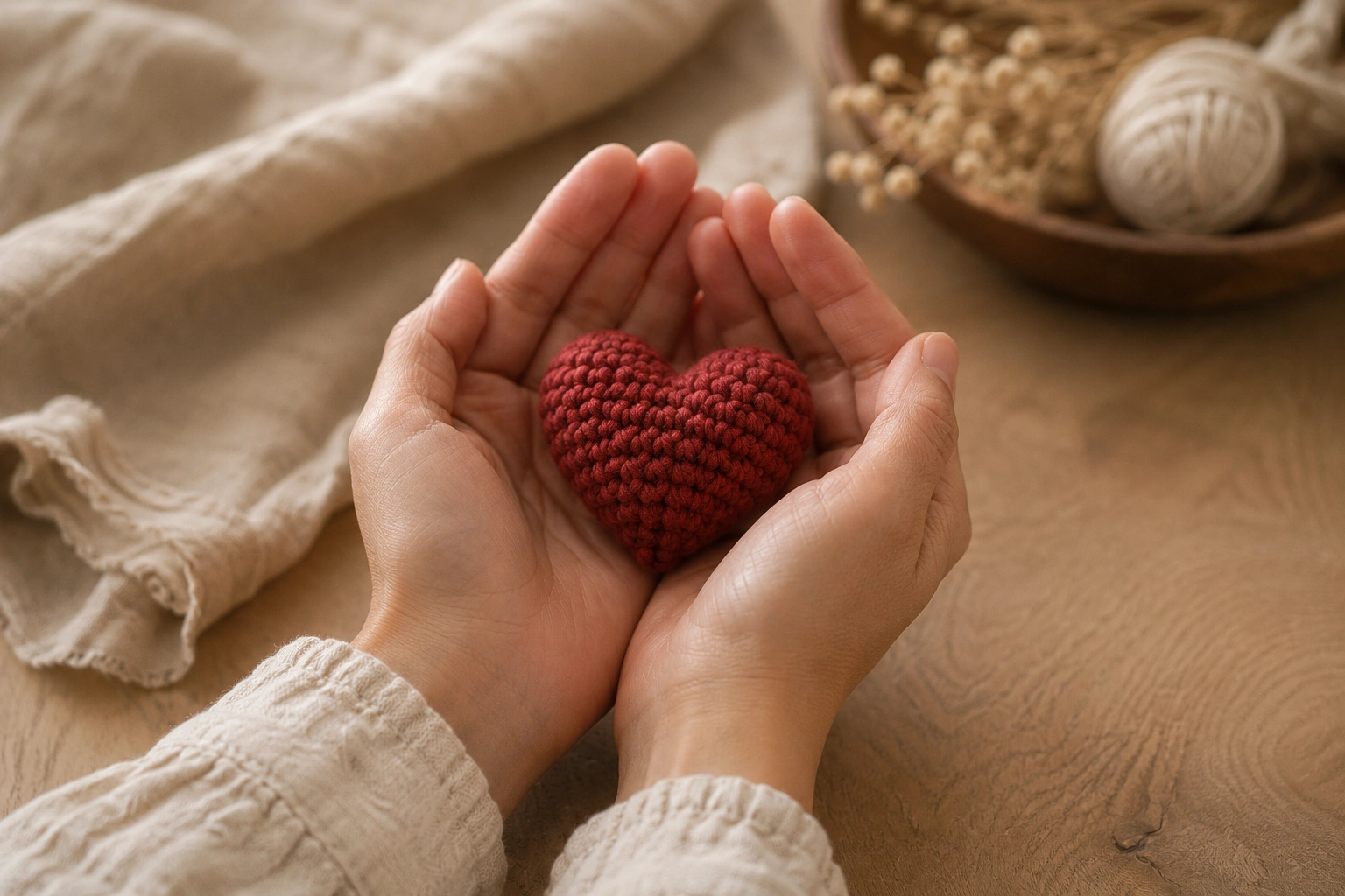 A handmade crochet heart held between two hands